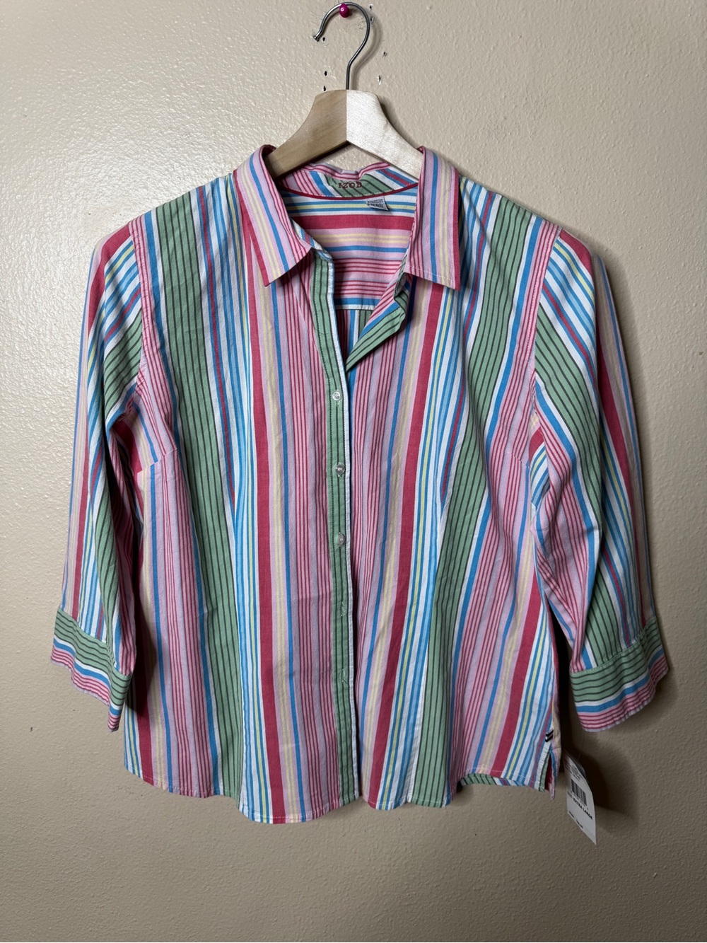 NWT Izod Shirt Women’s XL Multicolor Striped 3/4 Sleeve Button Up Cotton Blend
